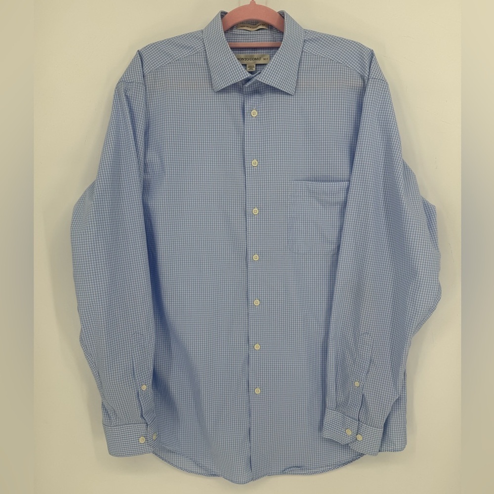 Pronto Uomo Men's Blue Checkered Long Sleeve Dress Shirt 100% Cotton Size XLT